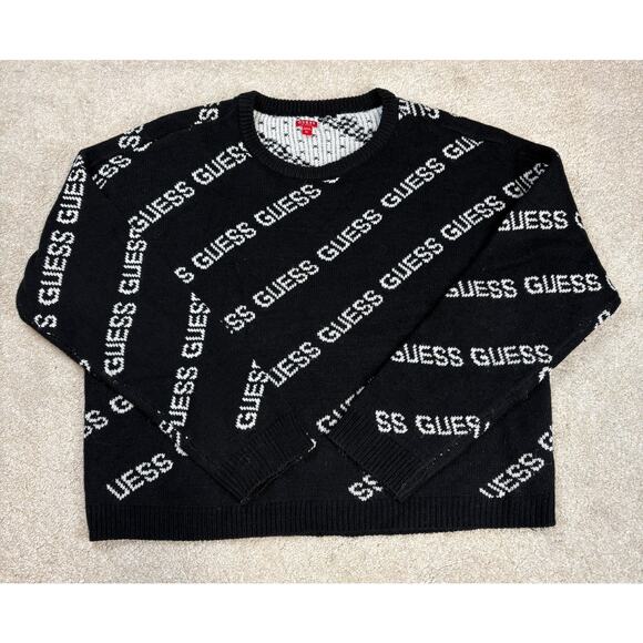 Guess Crew Neck Black Knit Sweater White Lettering Logo Size XL - Picture 1 of 4